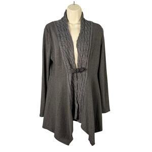New Charcoal Cardigan 6 Ribbed Cableknit Trim Sharkbite Asymmetric Buckle Detail